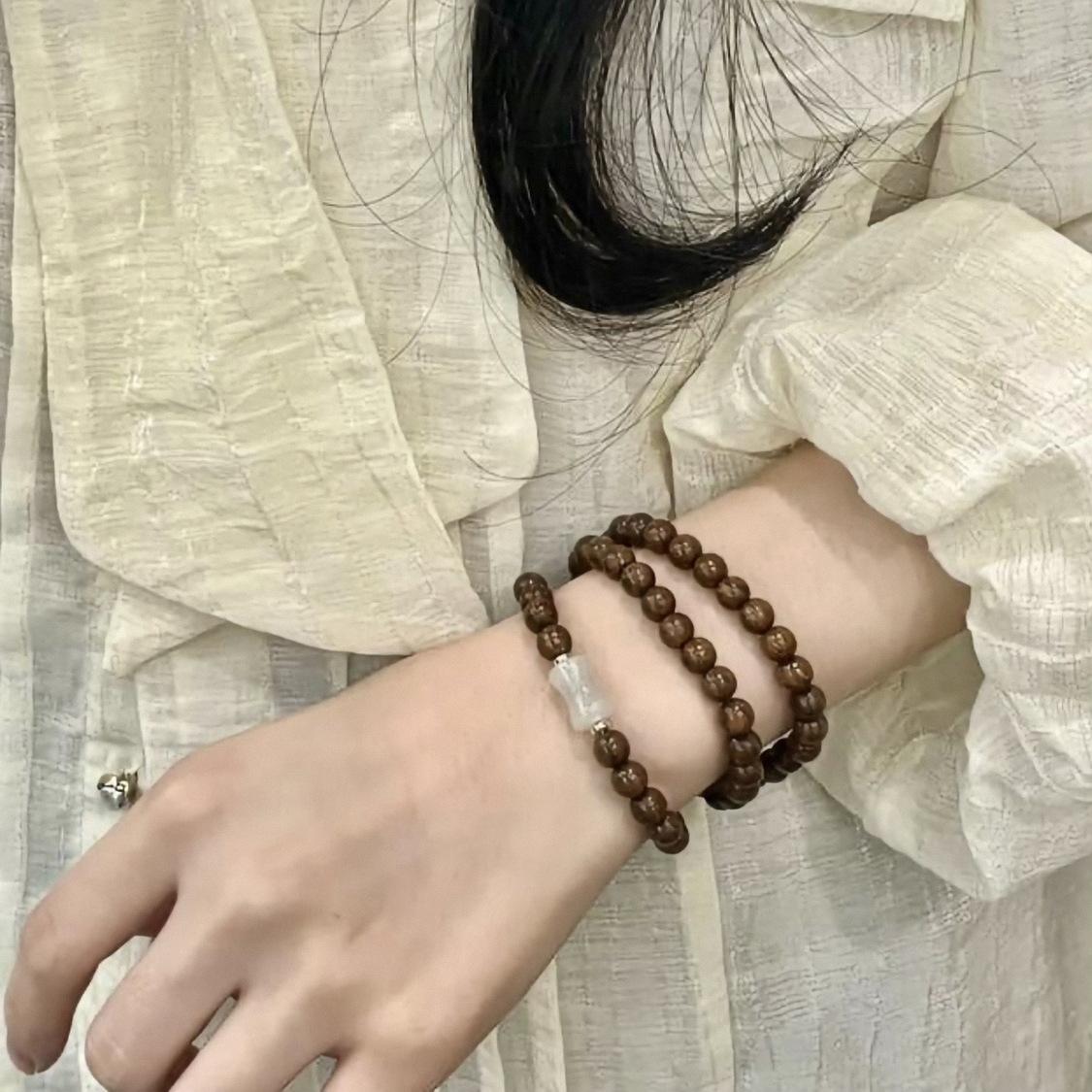 Handmade Golden Silk Sandalwood Bamboo Joint Multi-Loop Bracelet, Retro New Chinese National Style Unisex Jewelry, Travel Souvenir