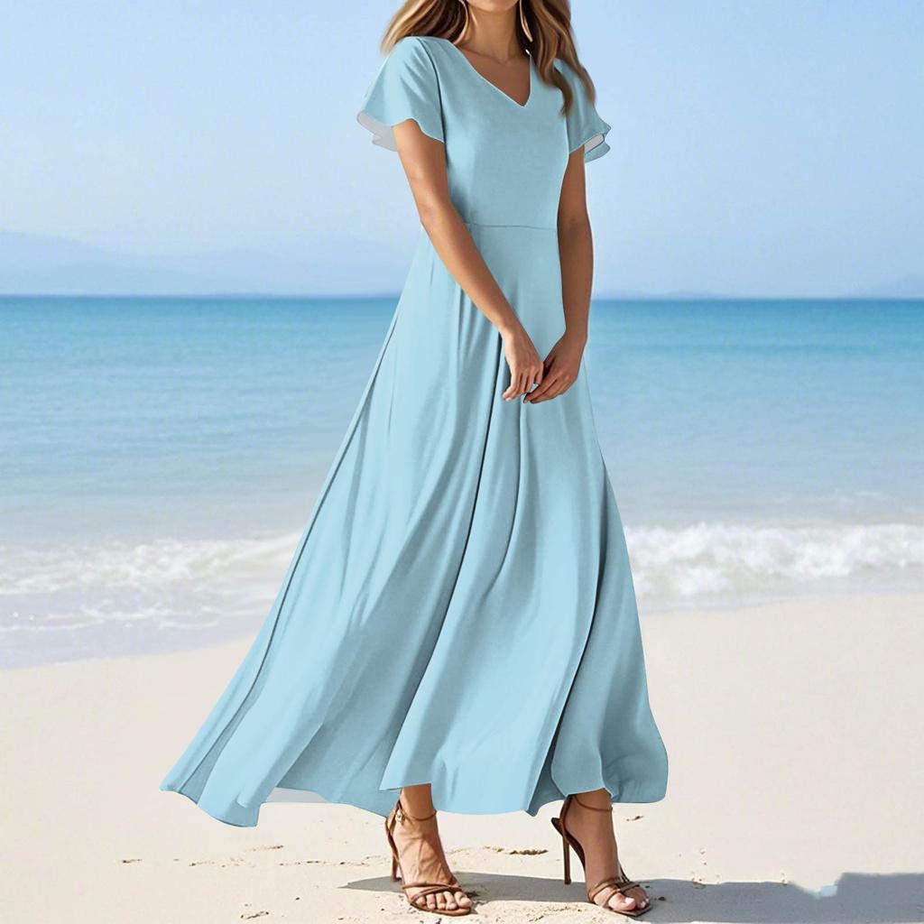 Women's Summer Casual Fashion Solid Color Dresses V-Neck Short Sleeve Dresses