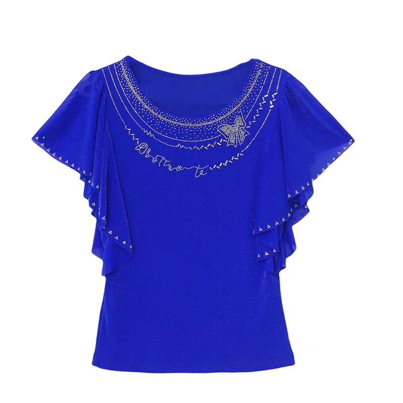 Summer New Elegant O-Neck Short Sleeved Mesh T-shirt Fashion Ruffles Hot Diamonds Women's Tees Chic Butterfly Sleeve Casual Tops
