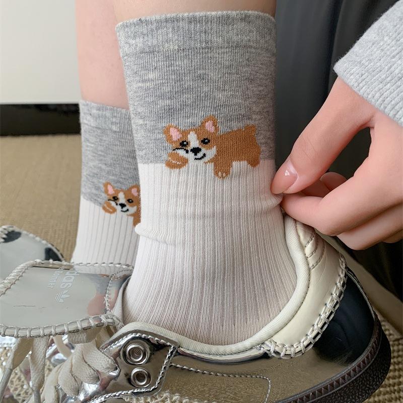 

Cartoon Socks Boneless Medium Tube Socks Cute Color Matching Striped Puppy College Style Pure Cotton Stockings One size fits all