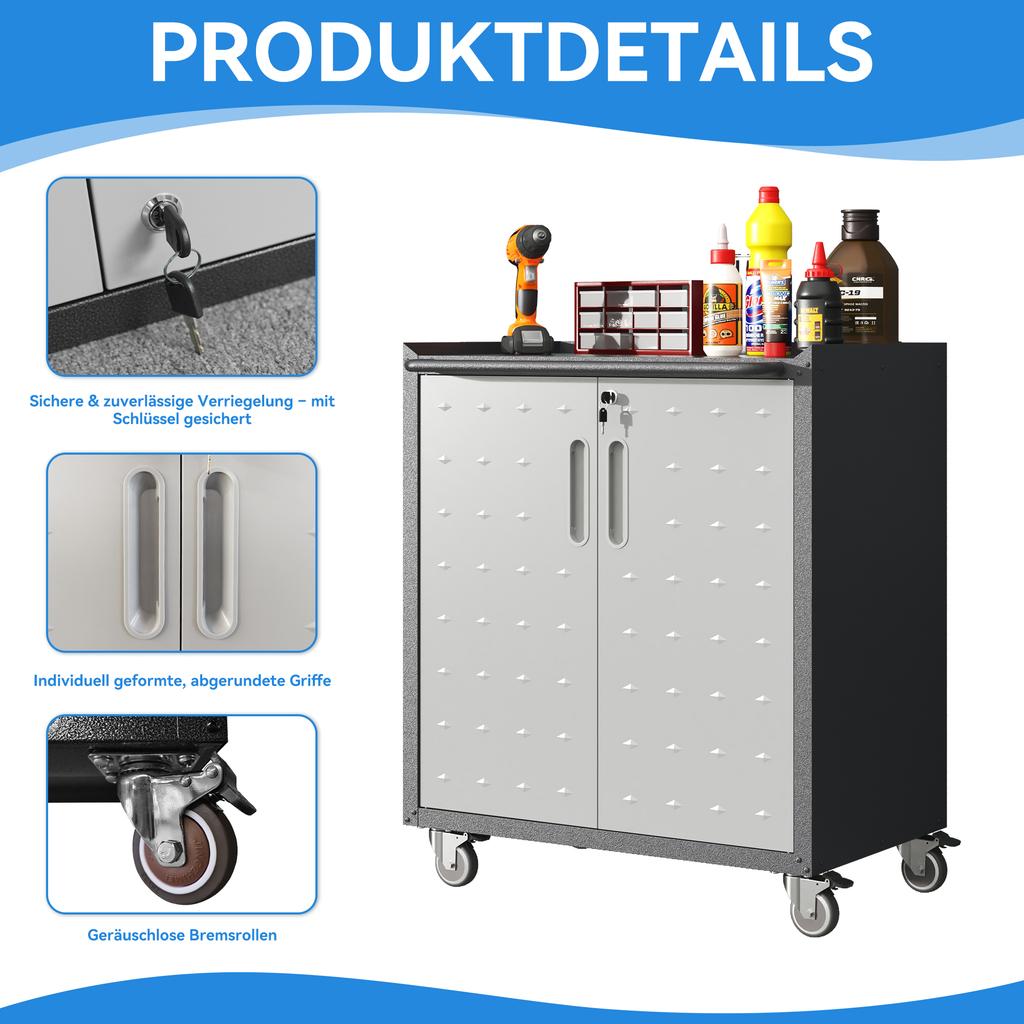 Armadio metallico da garage per impieghi gravosi con ruote – robusto contenitore per attrezzi, 75 × 42 × 88 cm, per garage, ufficio e casa