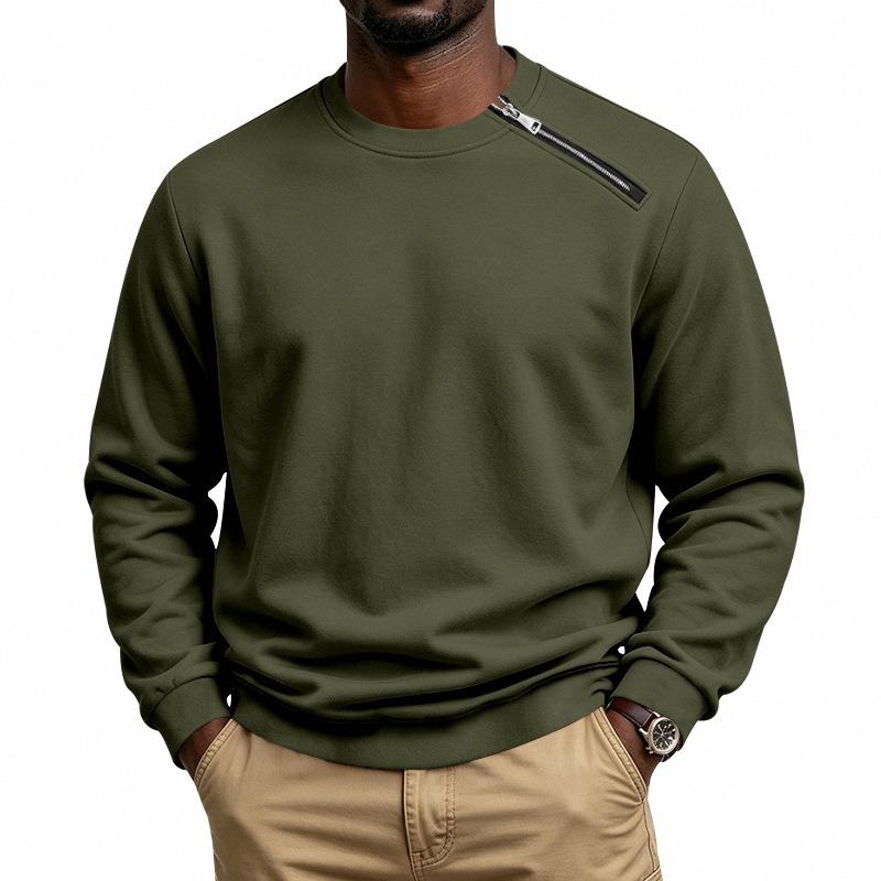 Men's Heavyweight Fleece Crew Neck Sweatshirt Diagonal Zip Pullover.