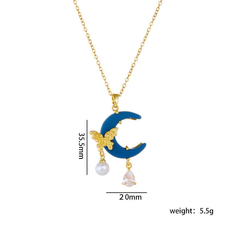 

Stainless Steel Chain Sweet Shiny Zircon Butterfly Resin Moon Pendant Necklace for Women Lady Fashion Jewelry Accessories Gifts