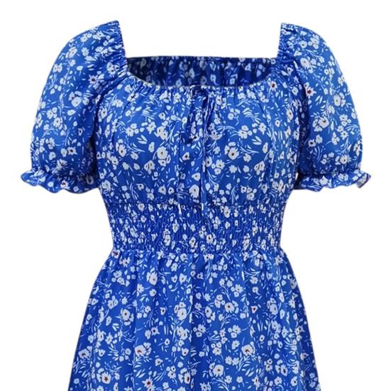 Women's Short Sleeve Summer Dress Square Neck Boho Floral Smocked Swing Dress A-Line Flowy Ruffle Beach Sundress