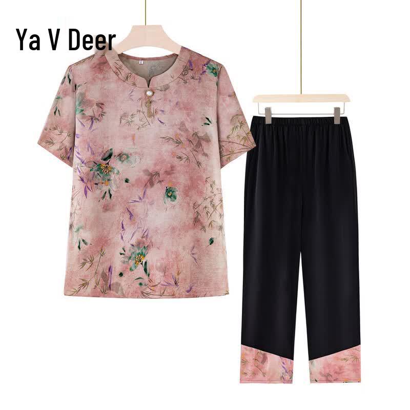 Elderly Women s Summer Floral Print T-Shirt & Pants Set 4XL