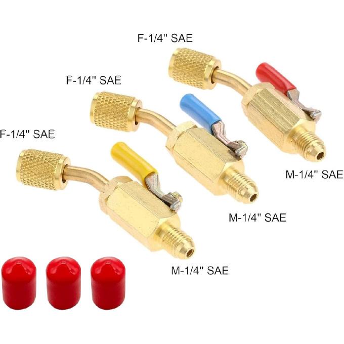 3PCS Air Conditioning Refrigerant Shut Valves 1/4" SAE Male to Female Fitting for R410A R134A R12 R22 R502 Charging Hose