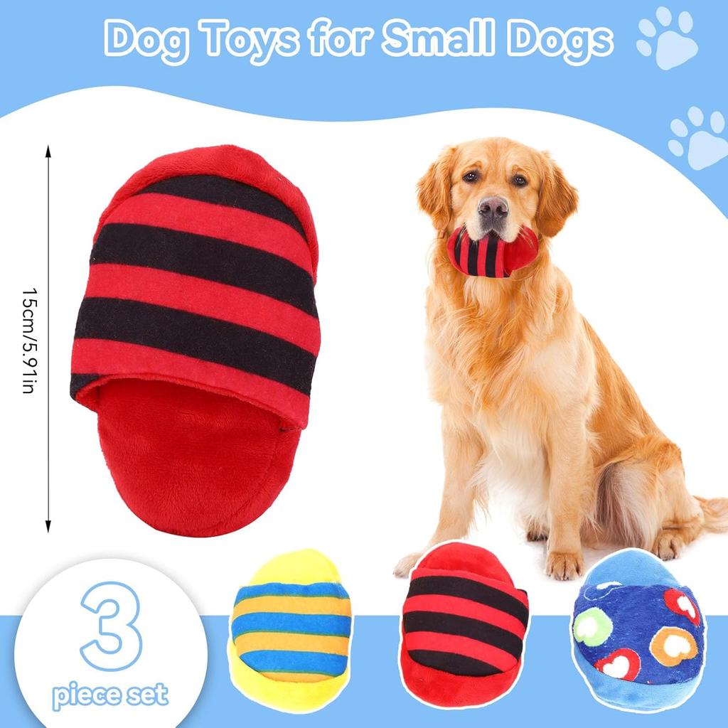 3PCS Small Dog Toys, Cute Slipper Shape Plush Dog Squeaky Puppy Chew Teething Toys Shoes Dog Toy for Small Dogs and Puppies