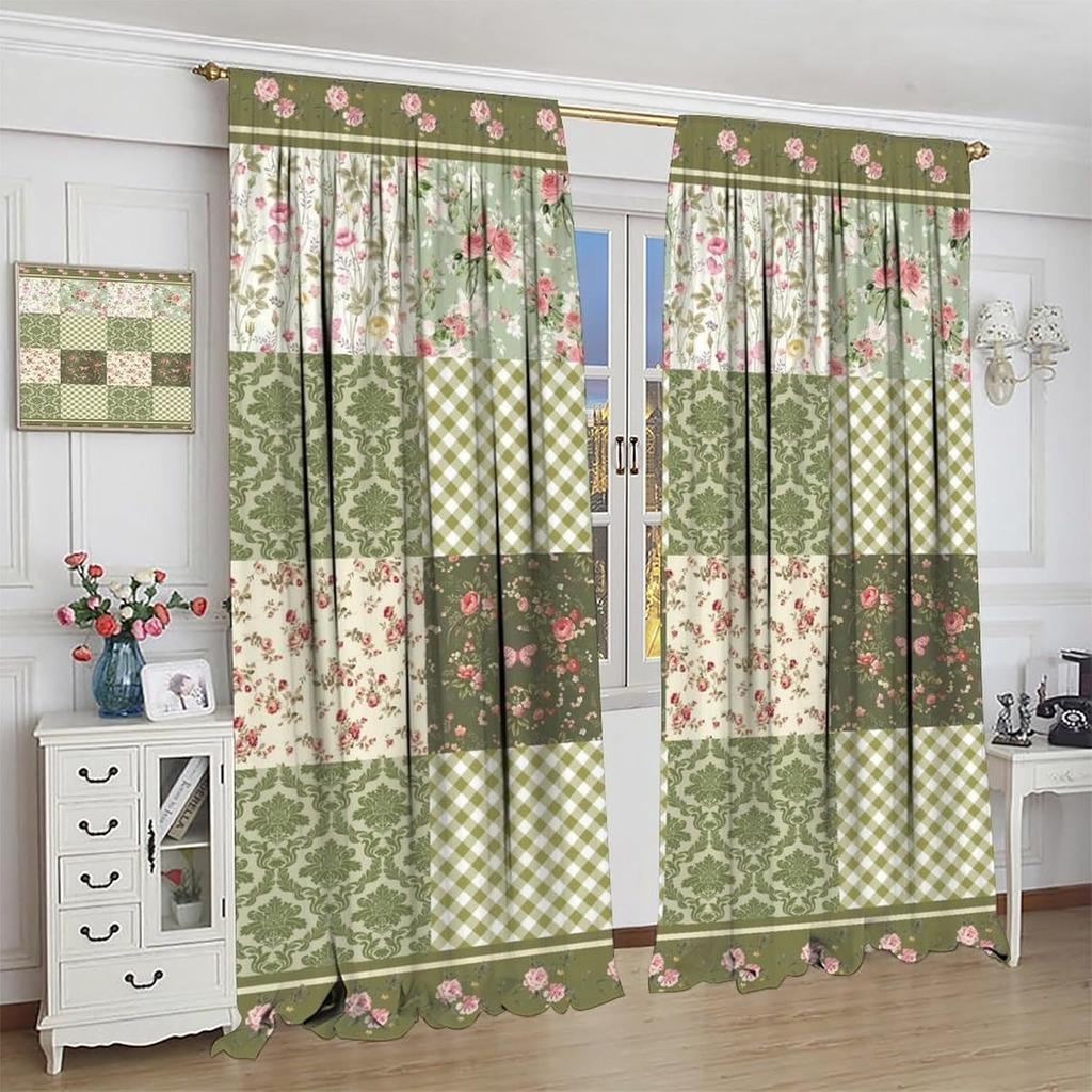 Κουρτίνα Patchwork με Λουλούδια, Βίντατζ Πράσινη Καρό με Λουλούδια Μποέμ Άνοιξη Κουρτίνες Υπνοδωμάτιο Σαλόνι Παράθυρο Κουζίνας