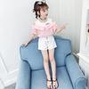Girls Summer Fresh Suit Striped Strapless Short Sleeve Tops + Shorts 2 Piece Set