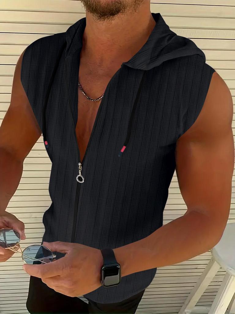 Summer men's jacquard striped zipper cardigan sleeveless hooded T-shir