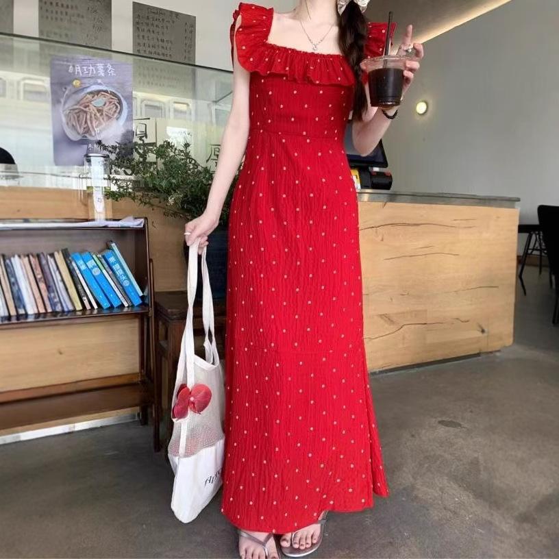 French gentle temperament flying sleeves ruffle edge splicing dress women's summer new polka dot square neck suspender dress