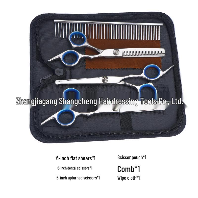 All-Steel Pet Grooming Scissors Set: Flat-Tooth & Curved Trimmers for Dog Hair Care.