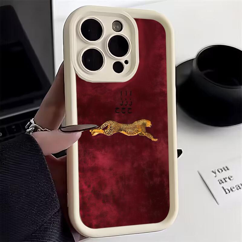 Wine Red Suede Gold Heart Leopard Silicone Phone Case For iPhone 17 16 15 14 13 12 11 Pro Max 17 Air 16E XS X XR 7 8 Plus Cover