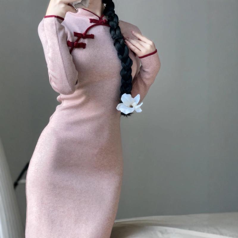 Cheongsam improved disc buckle stand-up collar dress women's middle school slim and thin girl elastic knitted skirt