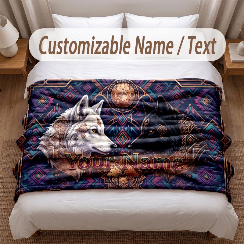 Wolf Theme Soft Blanket Personalized Custom Name Text Print Warm Blanket Home Sofa Bedroom Decor