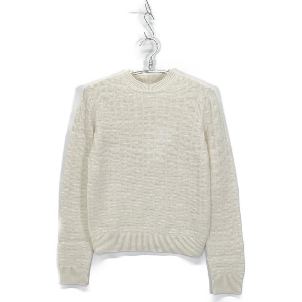 HERMES 23 Stainless Steel Ivory Wool H-Jacquard Crew Neck Long Sleeve Knit Pullover tops 36 IvoryUsed