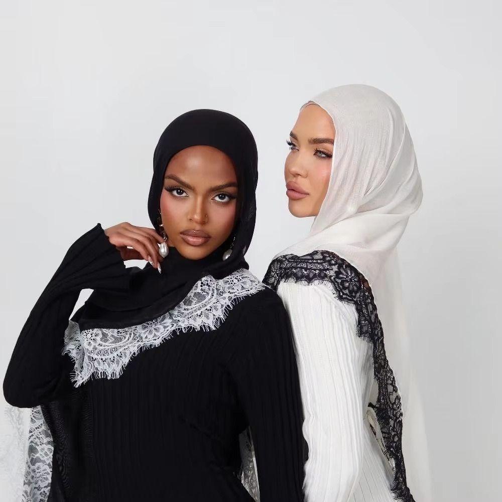 Cotton Turbans Head with Lace Trim Head Wraps New Islamic Crinkle Shawl