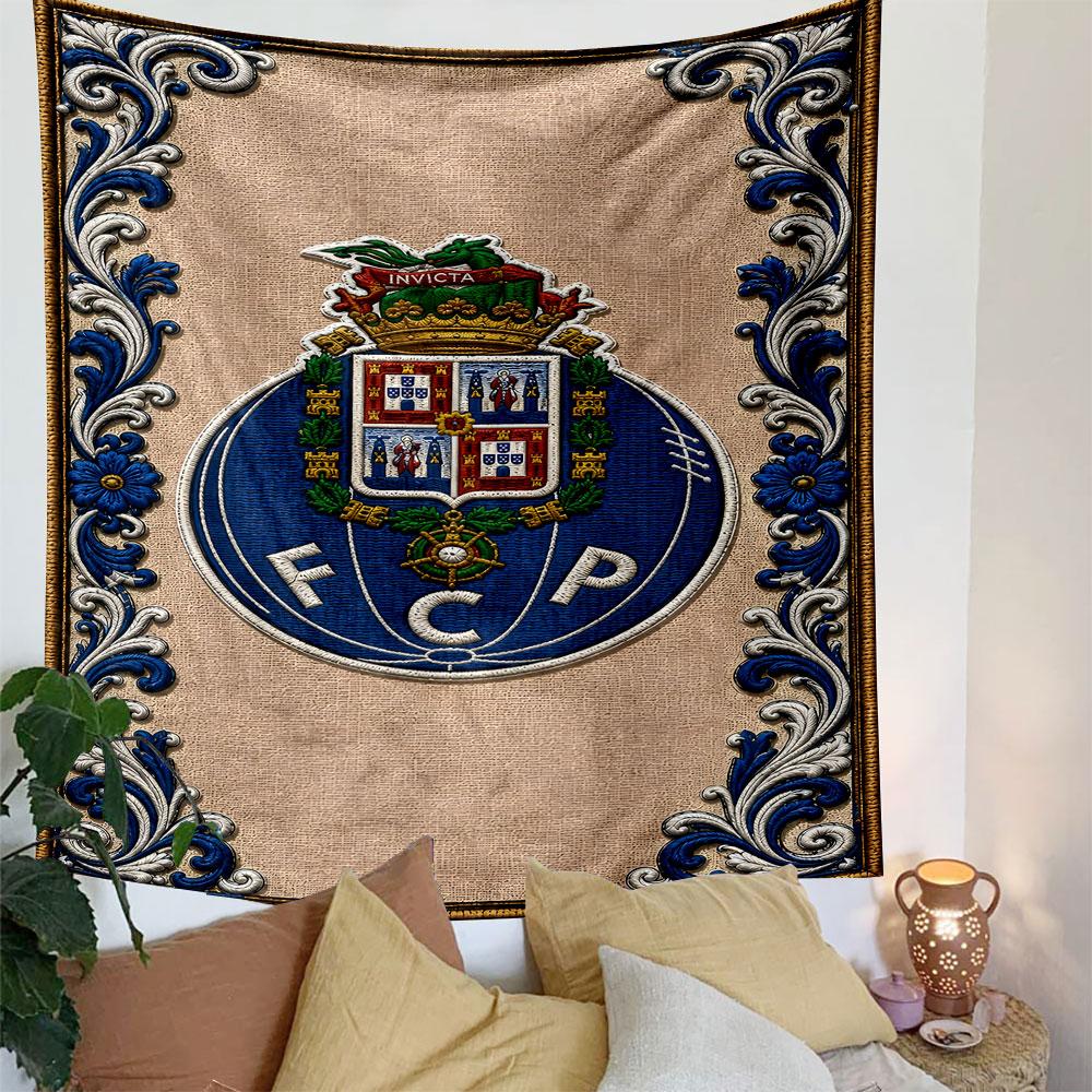 "FCP Emblem with Ornate Blue Border" Patterned Tapestry Decorative Wall Hanging, Home Bedroom Living Room Decor