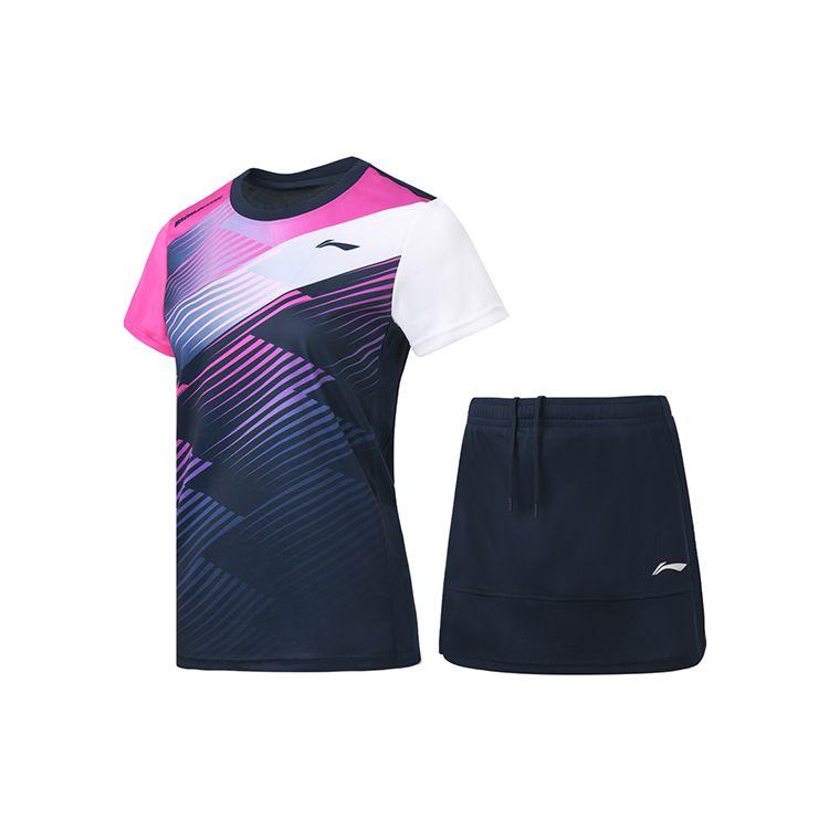 Li Ning Badminton Series Quick-Dry Training Competition Short Sleeve T-Shirt Skirt Set Summer Women Tops Deep-Navy-Blue AATS008-2