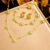 DIEYURO 316L StainlessTurquoise Hollowed Out Flower Necklace Earrings Bracelet Suit Women Concise Trend Non-fading Jewelry Set