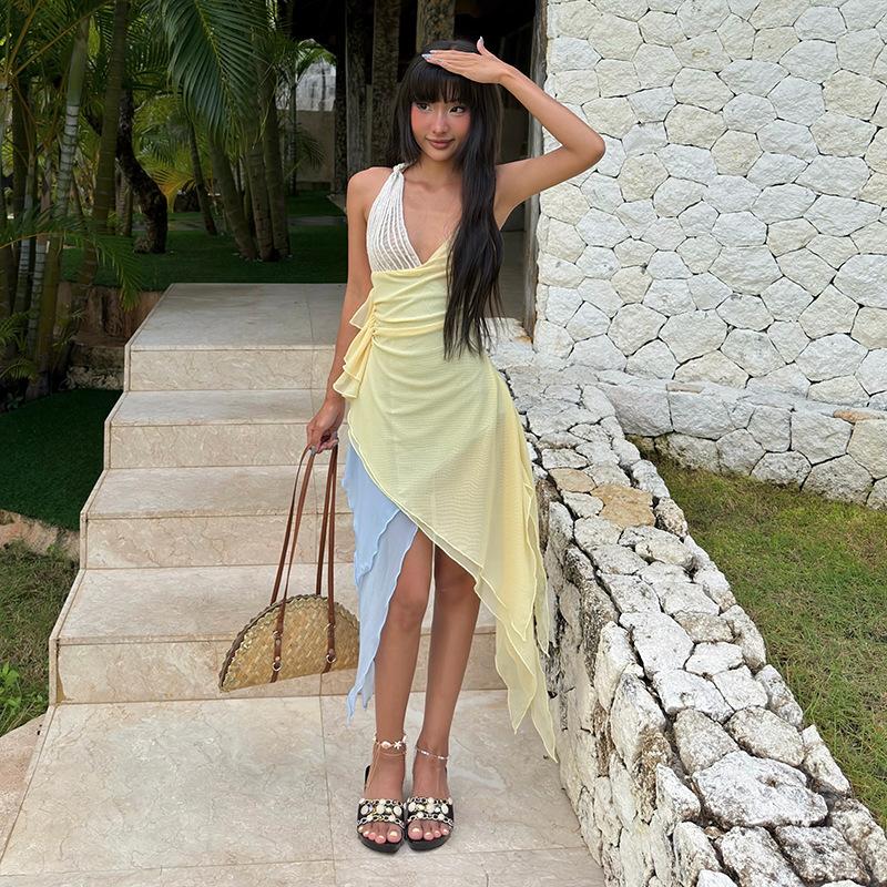 European and American style women's clothing 2026 summer new fashion sexy hot girls irregular neck splicing dress women
