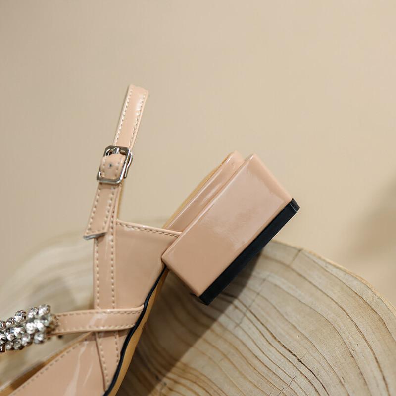 Summer Ladies Sandals Natural Leather Sheep Patent Leather Upper Women Sandals Buckle Square Toe Heel Shoes