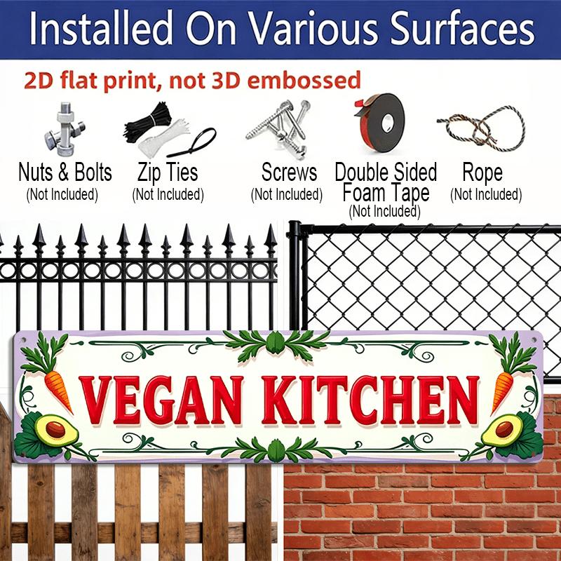 2D Flat, Vegan Kitchen with Vegetables Decoration Metal Sign - Vintage Scratch & Resistant, Wall Art for Home/Cafe, 15.7×3.94inch, 2D Flat Aluminium