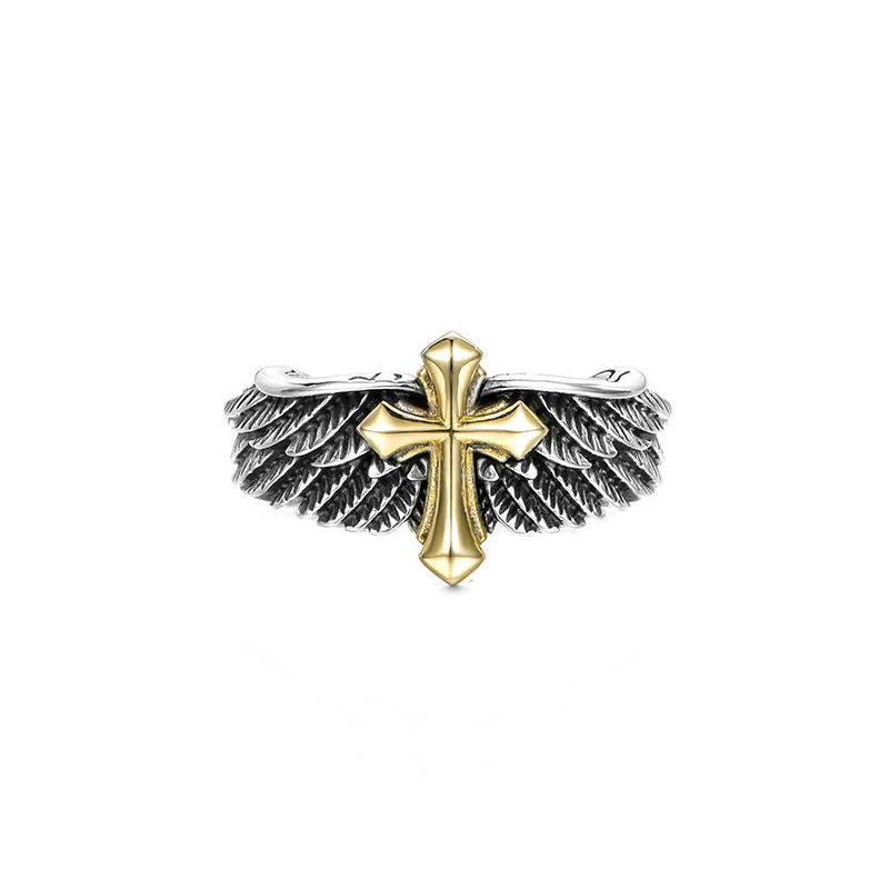 Vintage Thai Feather Ring Unisex Bold Wings Cross Graffiti Letter Open Ring