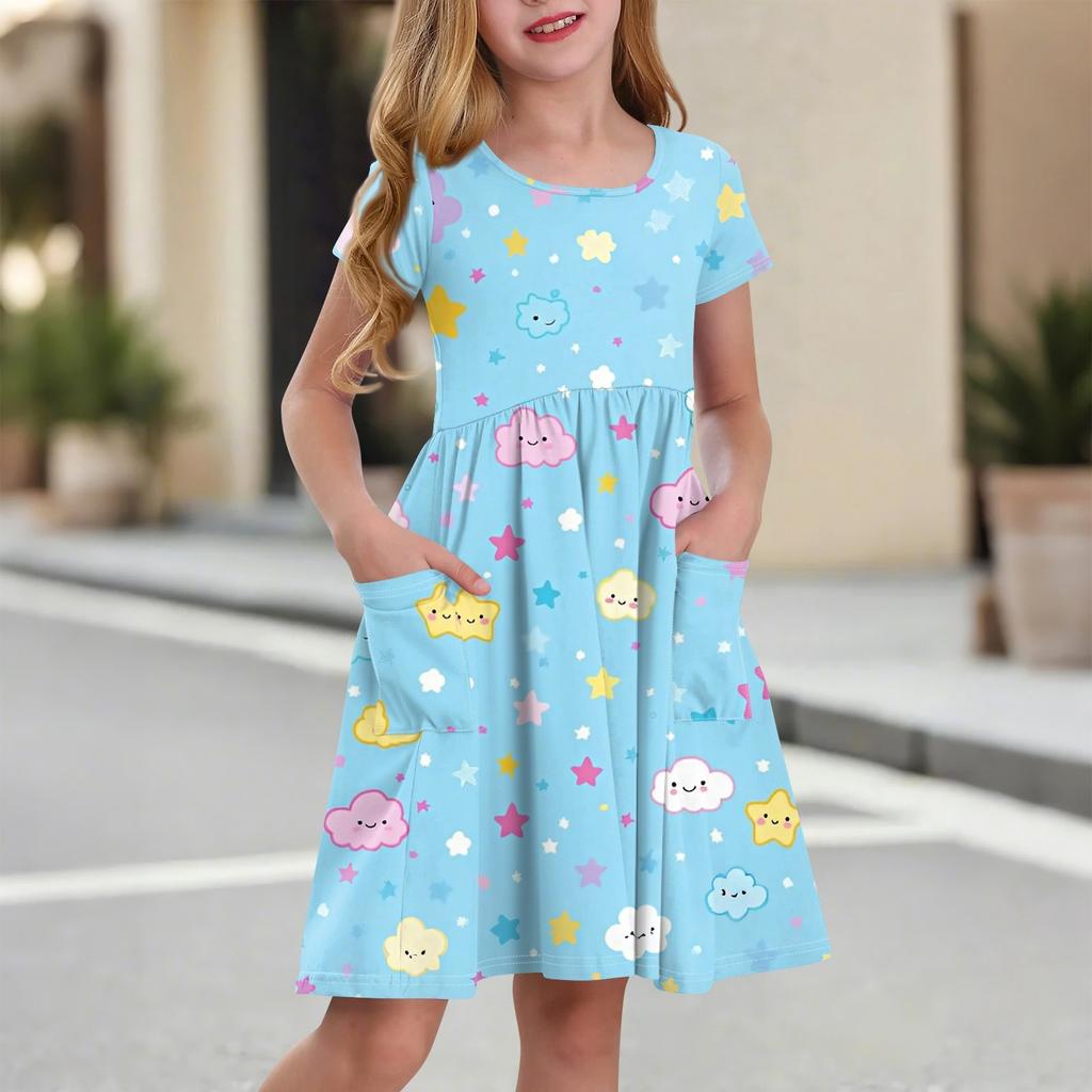 Children's Skirt Round Neck Short Sleeve Princess Dress Fashion Casual Pocket Dress For Girls