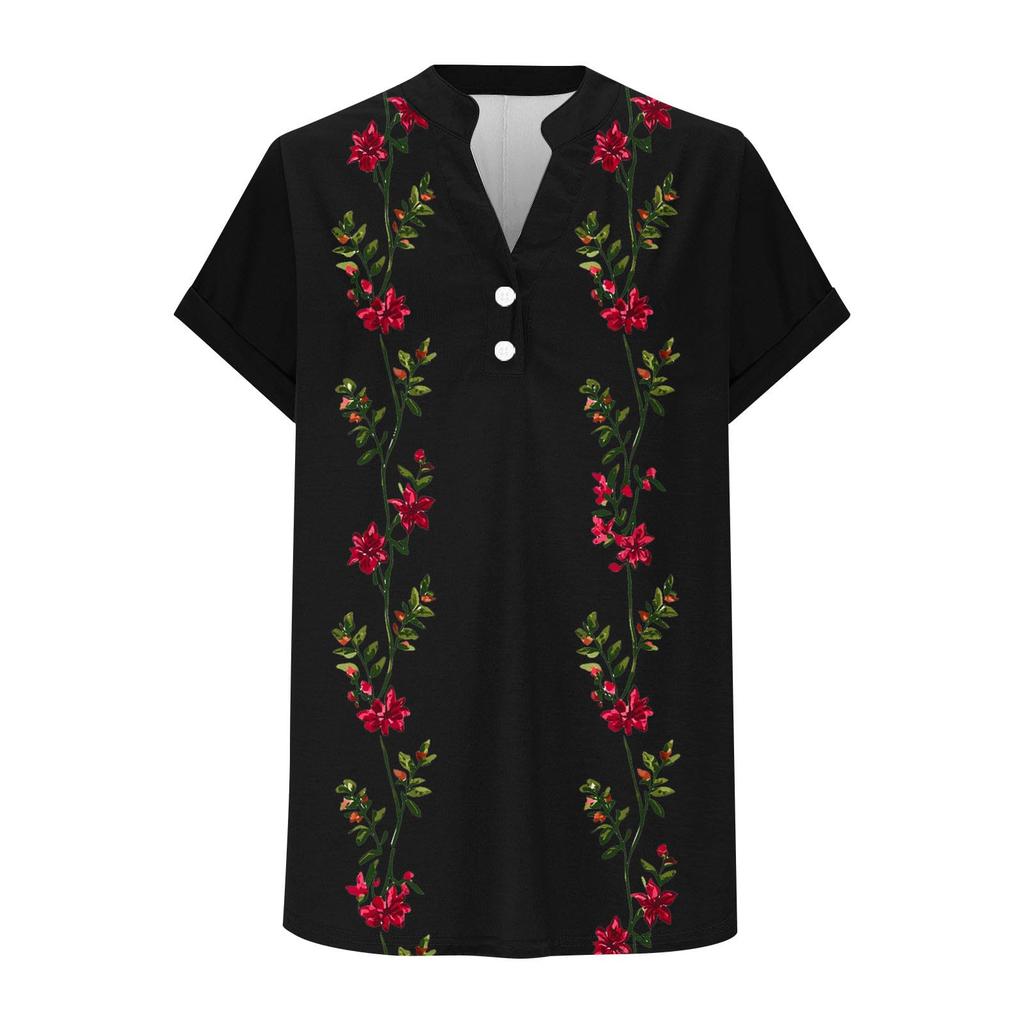 Women Casual Loose Fit Short Sleeve V Neck Button Floral Print Top Lightweight Summer Blouse