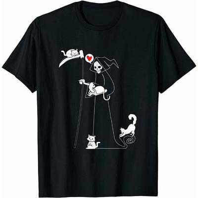 Vintage Süße Sensenmann Katze Satanisch Hail Satan Okkult Rundhals 100% Baumwolle Lässig Unisex T-Shirt Schwarz
