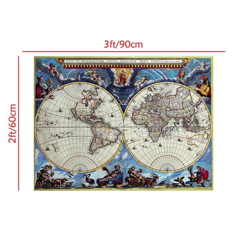 Vintage World Map Canvas Wall Art Retro Double Hemisphere Poster Print for Living Room Office Study Home Decoration Frameless
