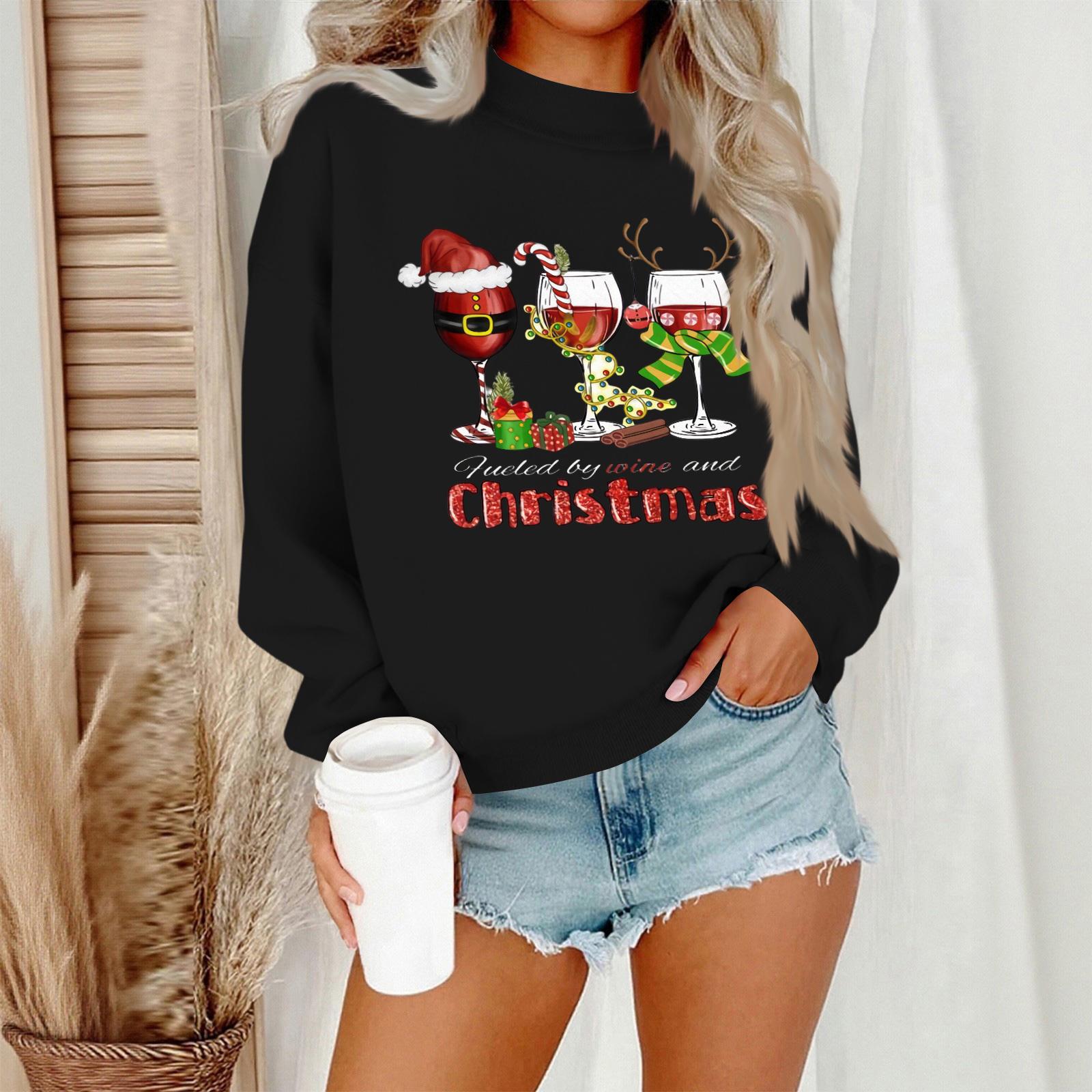

Women s Casual Fashion Round Neck Long Sleeve Christmas Printed Sweatshirt XXL чёрный
