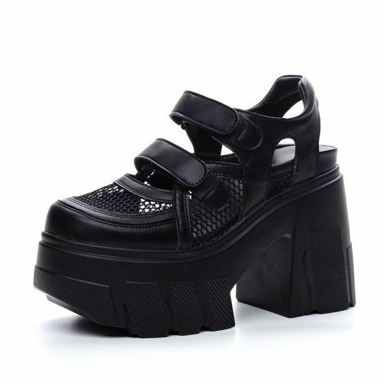 Fashion 11CM  Air Mesh Genuine Leather Breathable Hook Pumps Summer Ankle Boot Mary Jane Platform Sandals Chunky Heels Casual Shoes