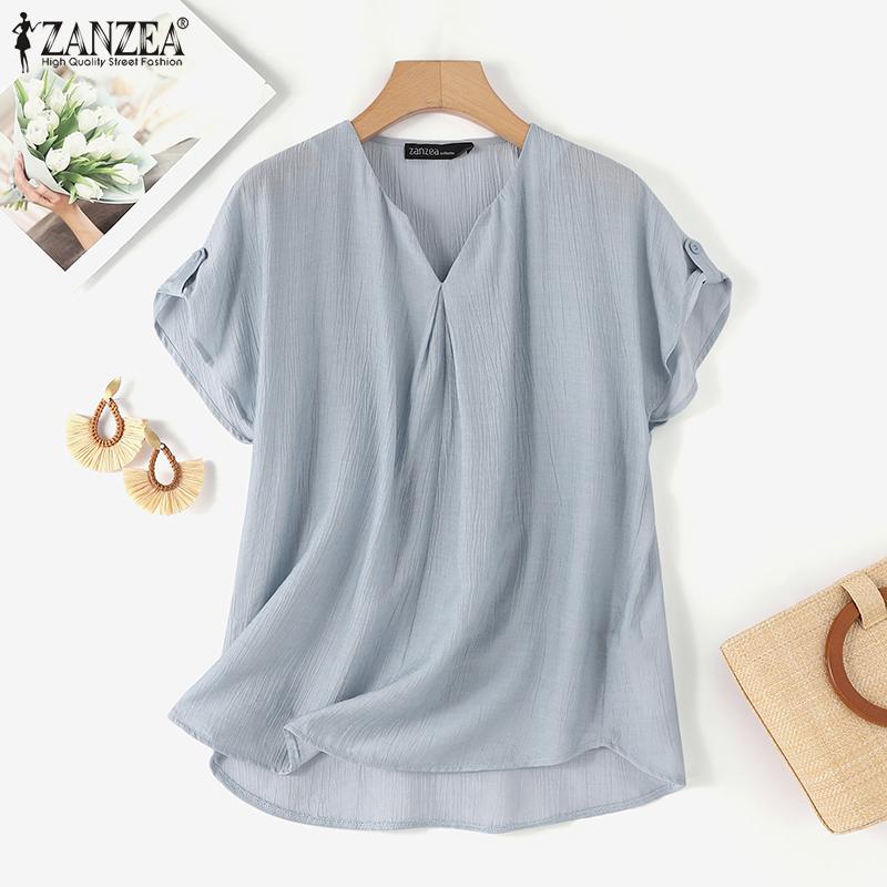 

ZANZEA Женская повседневная свободная летняя блузка с коротким рукавом и v-образным вырезом