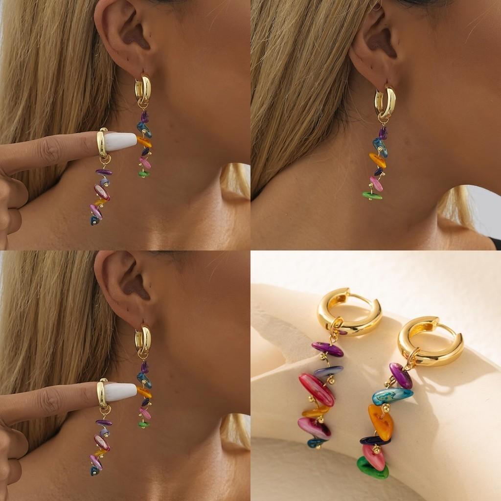 Natural Stone Elegant Earrings For Women Colorful Geometric Design With Chain Details
