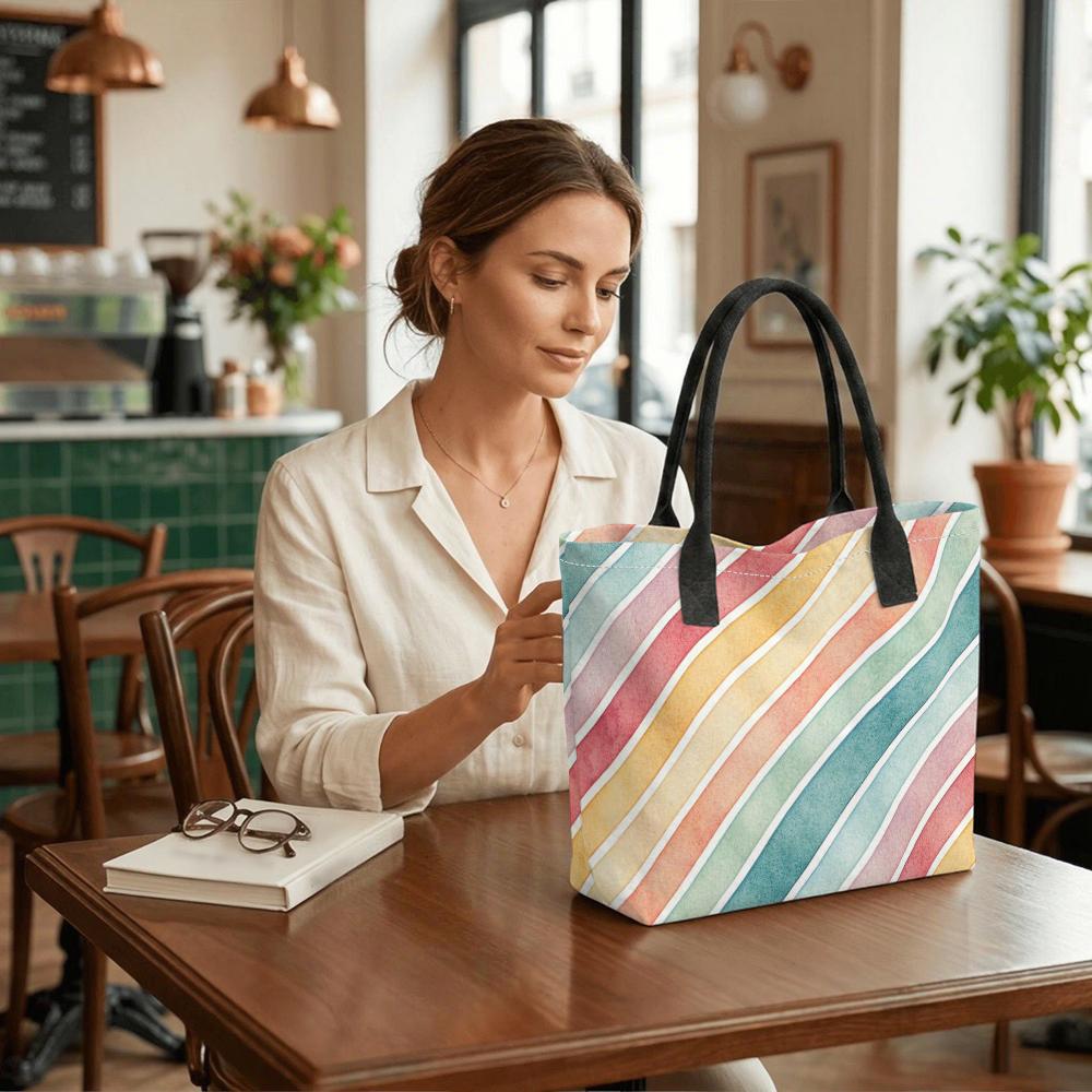 Colorful Striped Canvas Tote Bag for Women Casual Large Capacity Travel Shopping Shoulder Handbag