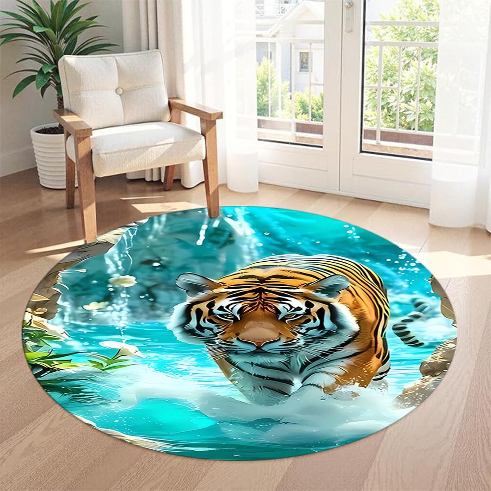 Tiger Round Office Rug Design for Dining Room Playrooms Kitchen Entryway Anti-slip Round Rug Decorate Offices Birthday Christmas Gift