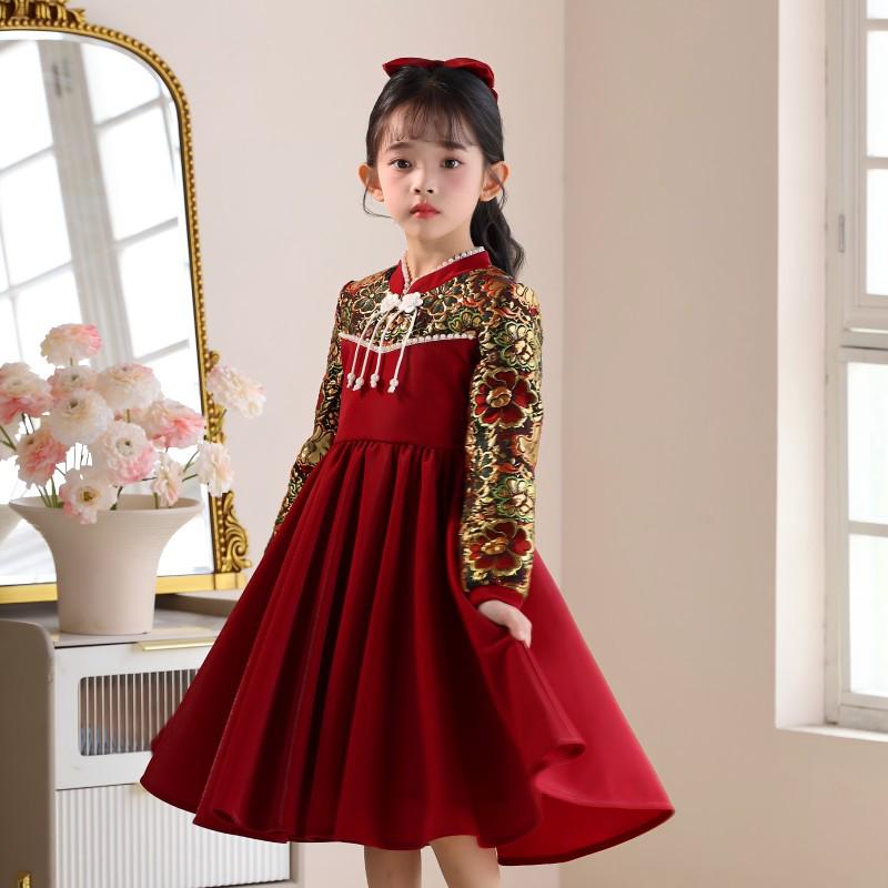 Robe Qipao en Velours pour Filles - Style Chinois Nouvel An, Collection Automne/Hiver