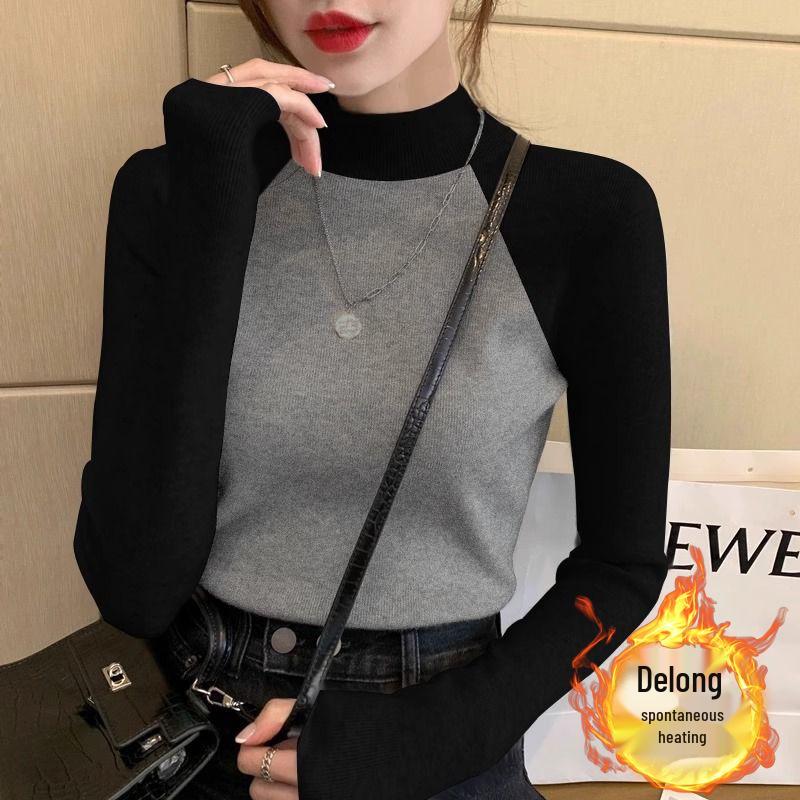 Women's Chic Velvet Raglan Color Block Slimming Long Sleeve Stand-up Collar T-Shirt