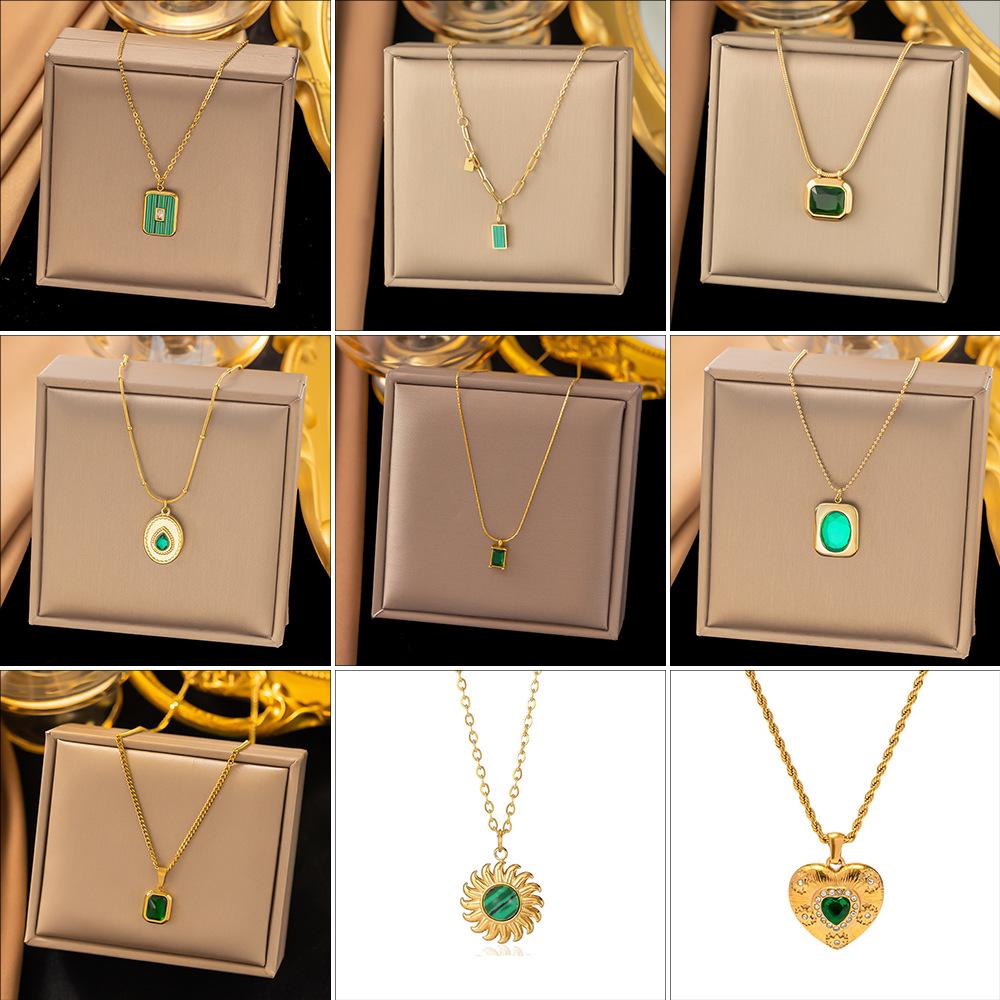 Stainless Steel Necklace with Green Zircon Pendant, Light Luxury Fashion Clavicle Chain