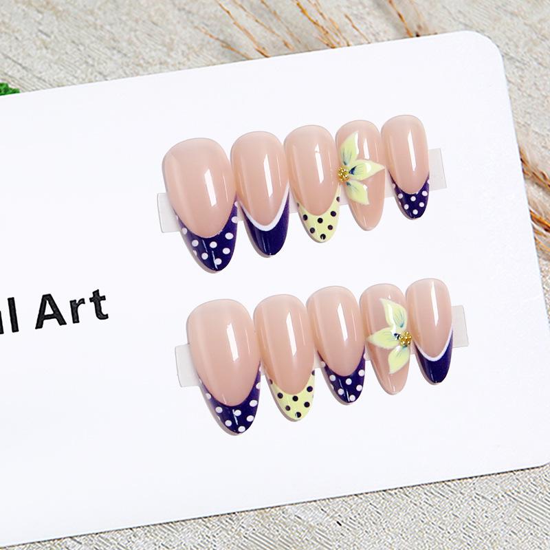 French Wear Nails Polka Dot Contrasting Almond Nails 3D Three-dimensional Flower Fake Nails Finished Nails