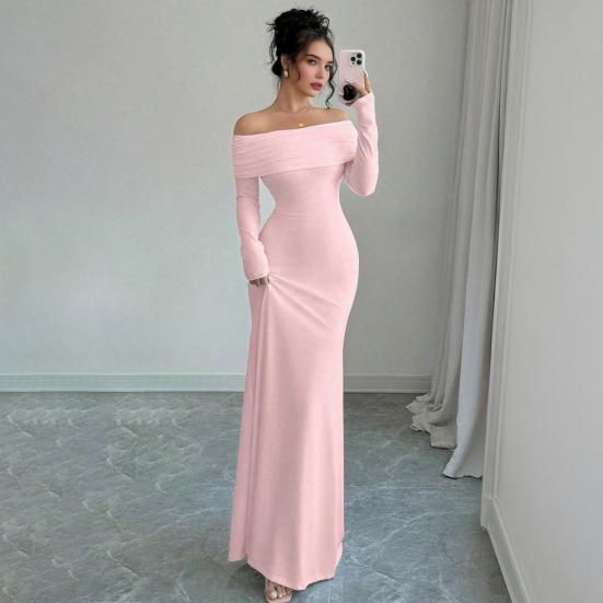 Women Off Shoulder Bodycon Maxi Dress Formal Long Sleeve Evening Gown Ruched Club Party