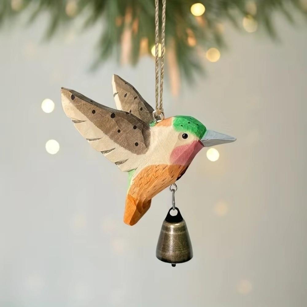 Hand-Carved Hummingbird Figurine Wooden Wood Grain Flying Bird Sculpture with Bell with Soothing Sound Wind Chime Pendant
