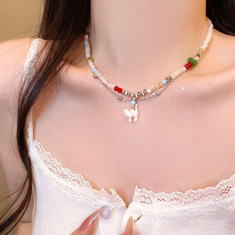 Dopamine Colorful Pebble Necklace: Women's Sweet Layered Clavicle Chain, Versatile Temperament Jewelry