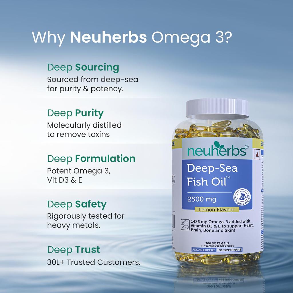 Neuherbs Deep Sea Omega 3 Fish Oil Capsules Triple Strength High EPA DHA Softgels for Muscle Joint and Brain Support 200 Capsules