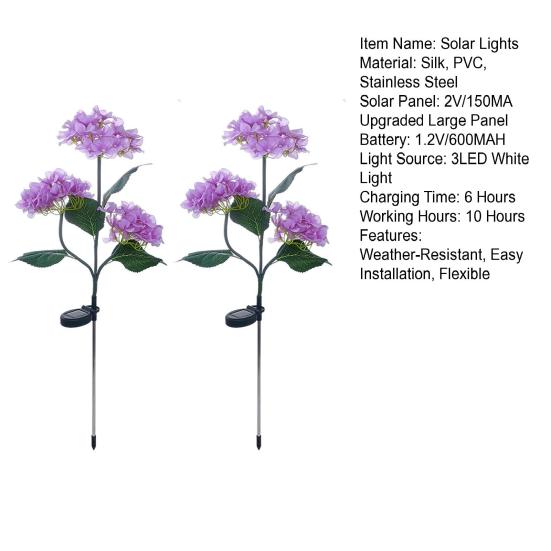 3-Head Solar Hydrangea Flower Garden Light with Colorful LEDs Waterproof Outdoor Stake Lamp