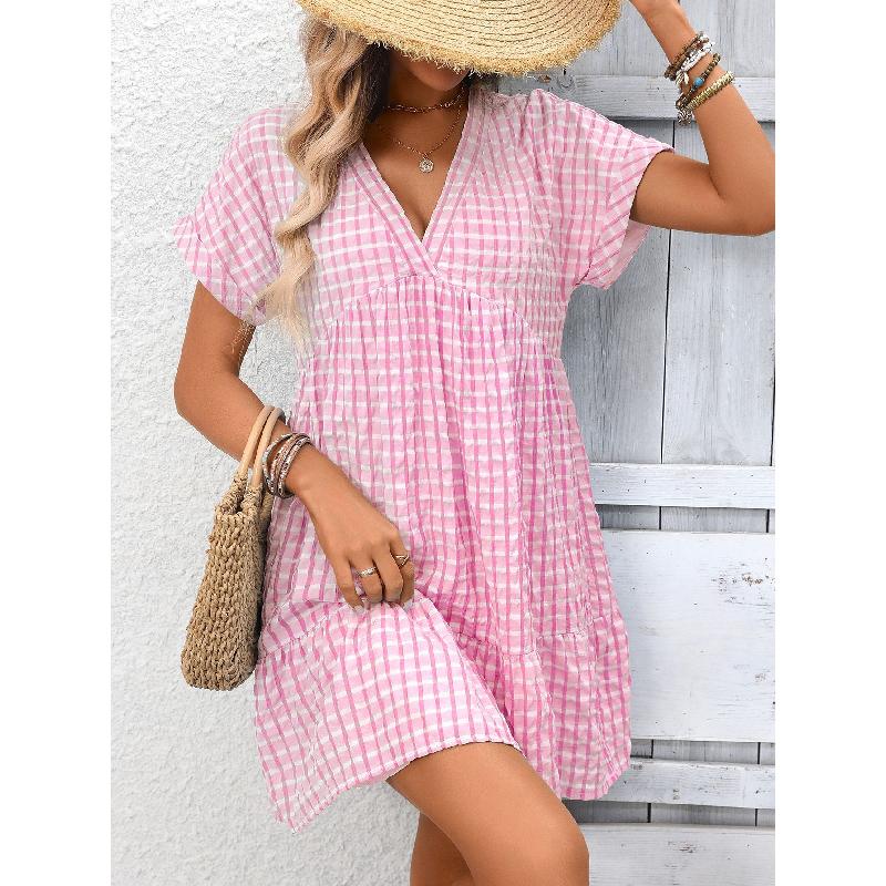 2026 Summer New Women's V-neck Loose Casual Short-sleeve Plaid Dress