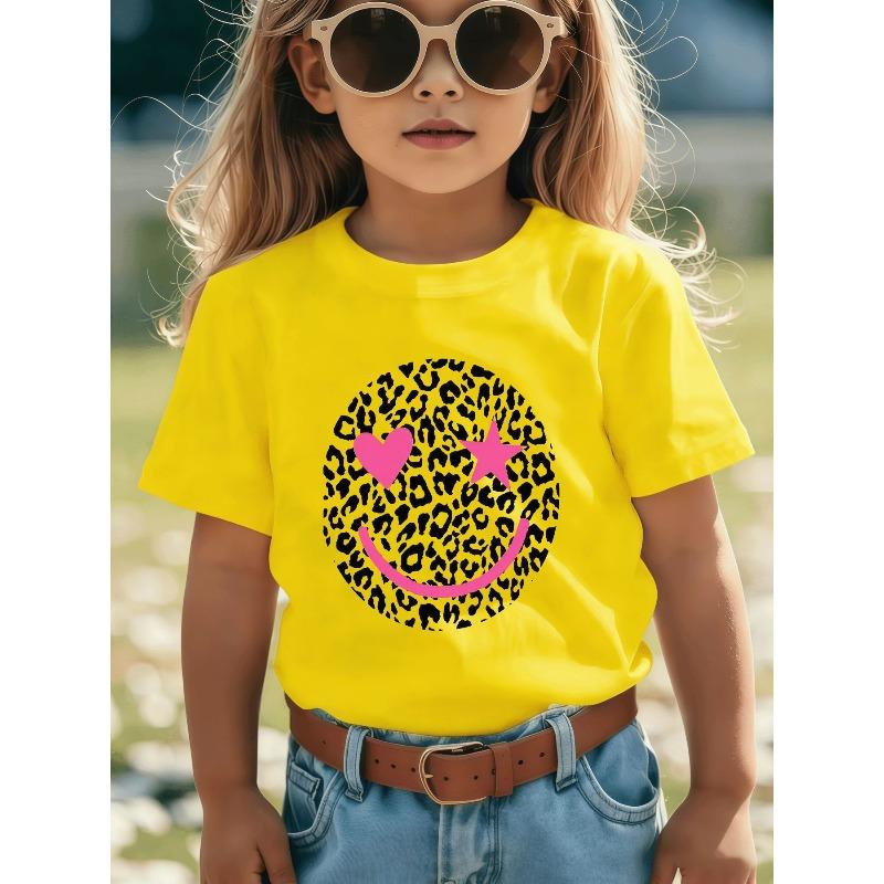 Europäische Größen Niedliches Schwarzes T-Shirt - Helles Pinkes Herz- und Sternenmuster für Mädchen, Verspieltes Lächeldesign, Perfekt für Lässige Frühjahrs- und Sommerkleidung