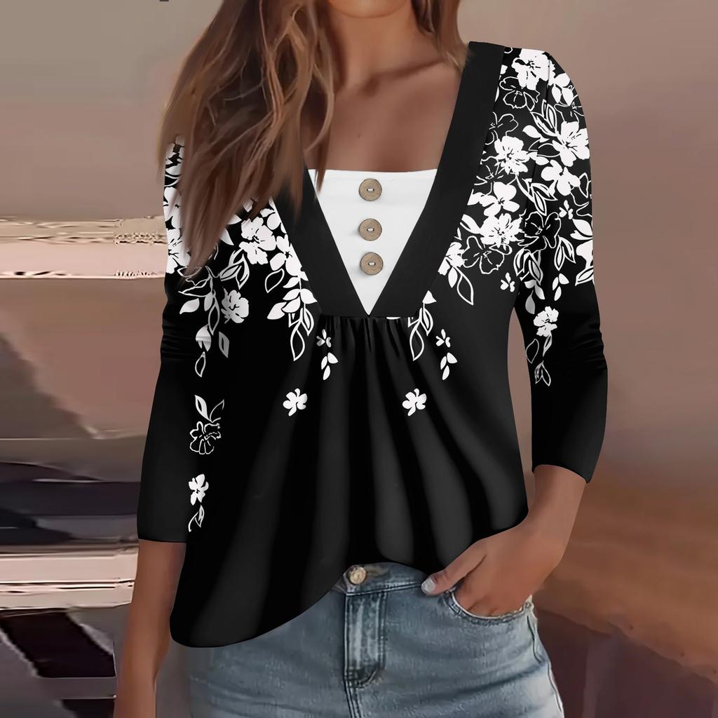 Dámská móda ležérní košile s dlouhým rukávem s květinovým potiskem, knoflíky do V s výstřihem